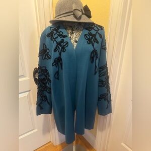 Chico's Teal Cardigan with Black Floral Design Size 3